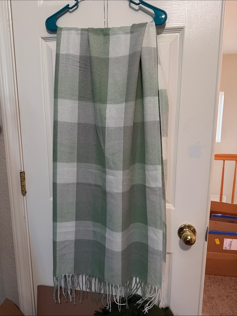 Green and White Plaid Fringe Scarf Wrap